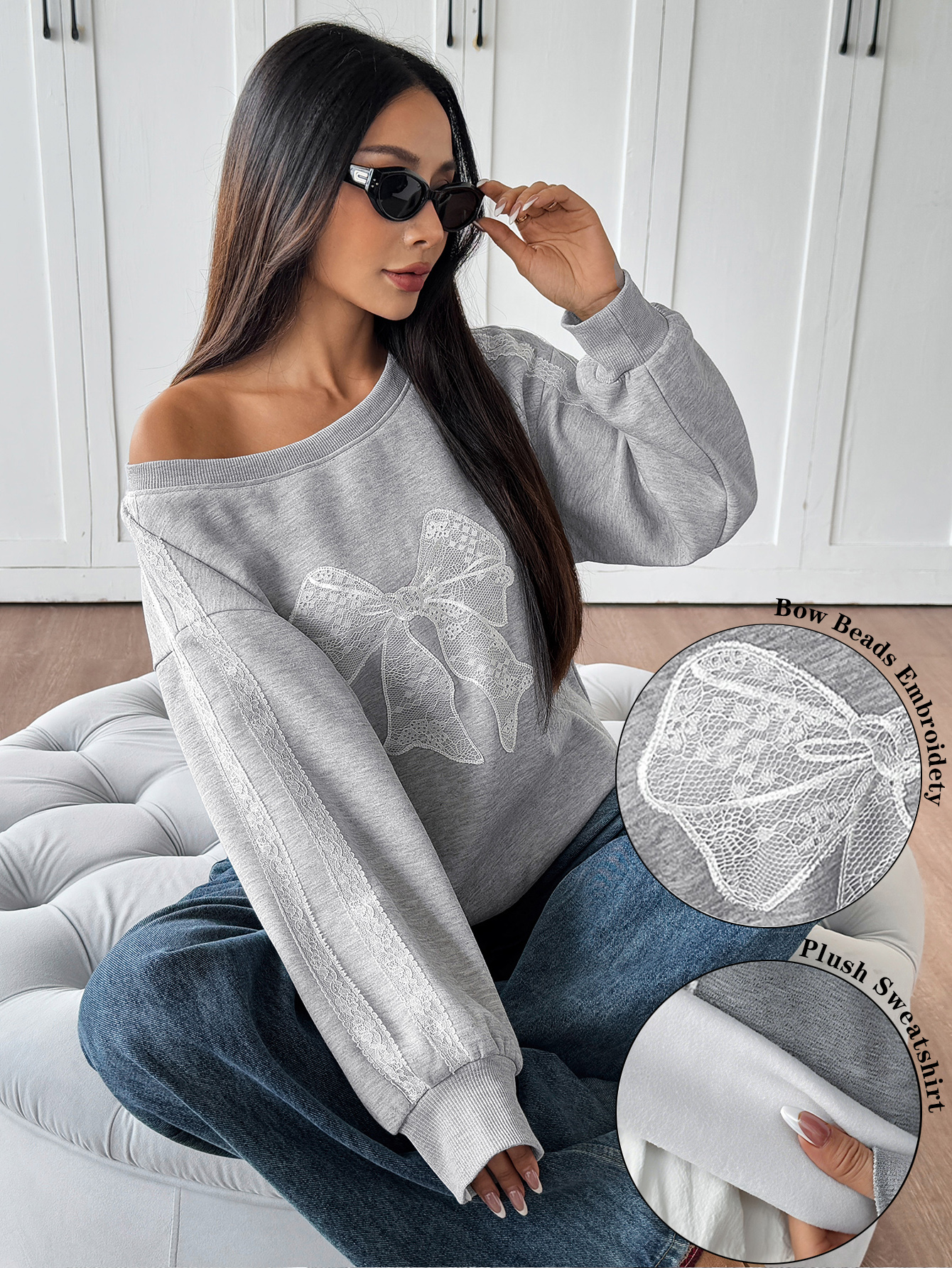 Women's Hand-Cranked Bowknot Decorated Lace Sleeve Sweatshirt