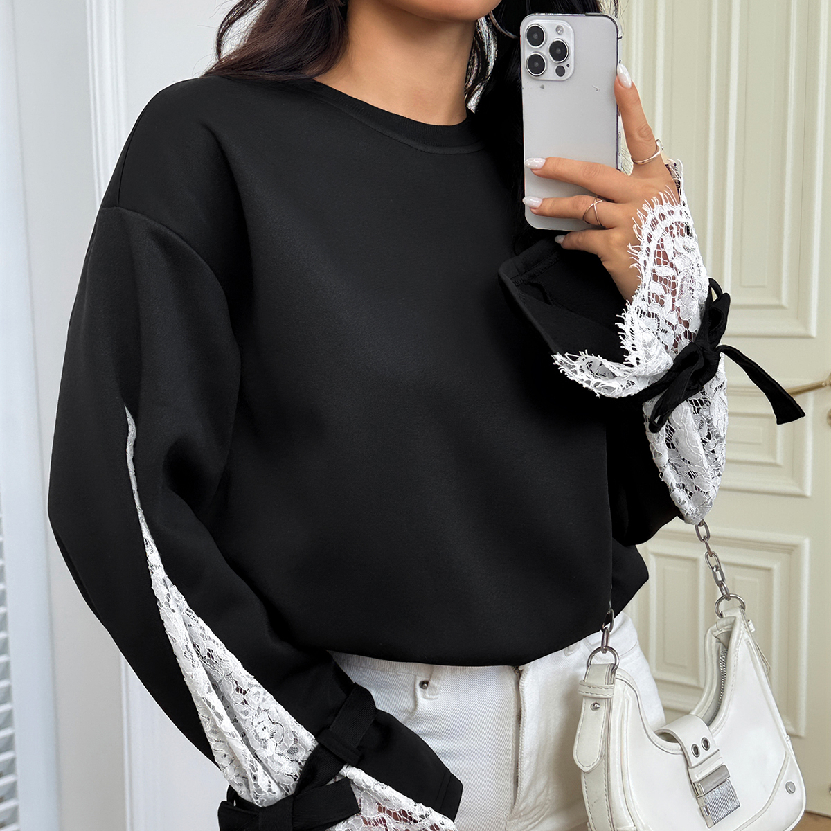 Women's Drop Shoulder Lace Trim Sleeve Sweatshirt