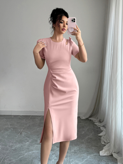 Women's Solid Color Round Neck Short Puff Sleeve Elegant Cutout Shoulder Dress