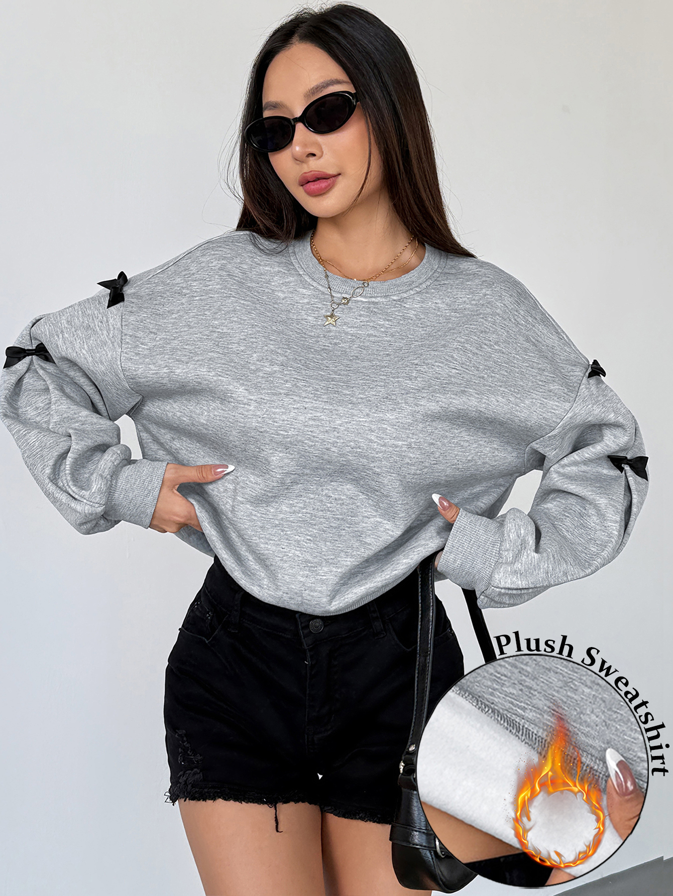 ray Fleece Sweatshirt With Bow Decor, Autumn/Winter Graduation,Back To School Outfits,Graduation,Teacher Outfits For Women,Back To School