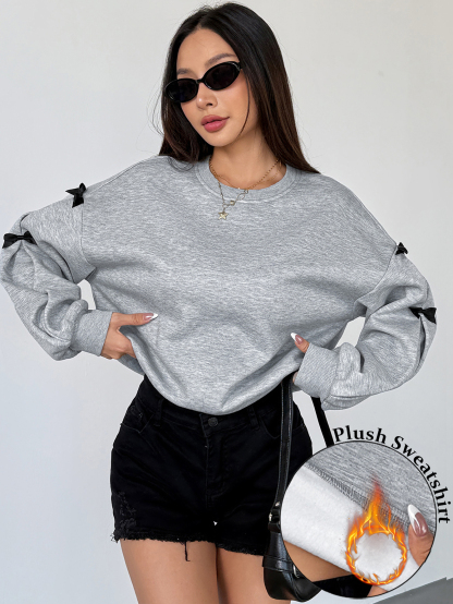 ray Fleece Sweatshirt With Bow Decor, Autumn/Winter Graduation,Back To School Outfits,Graduation,Teacher Outfits For Women,Back To School