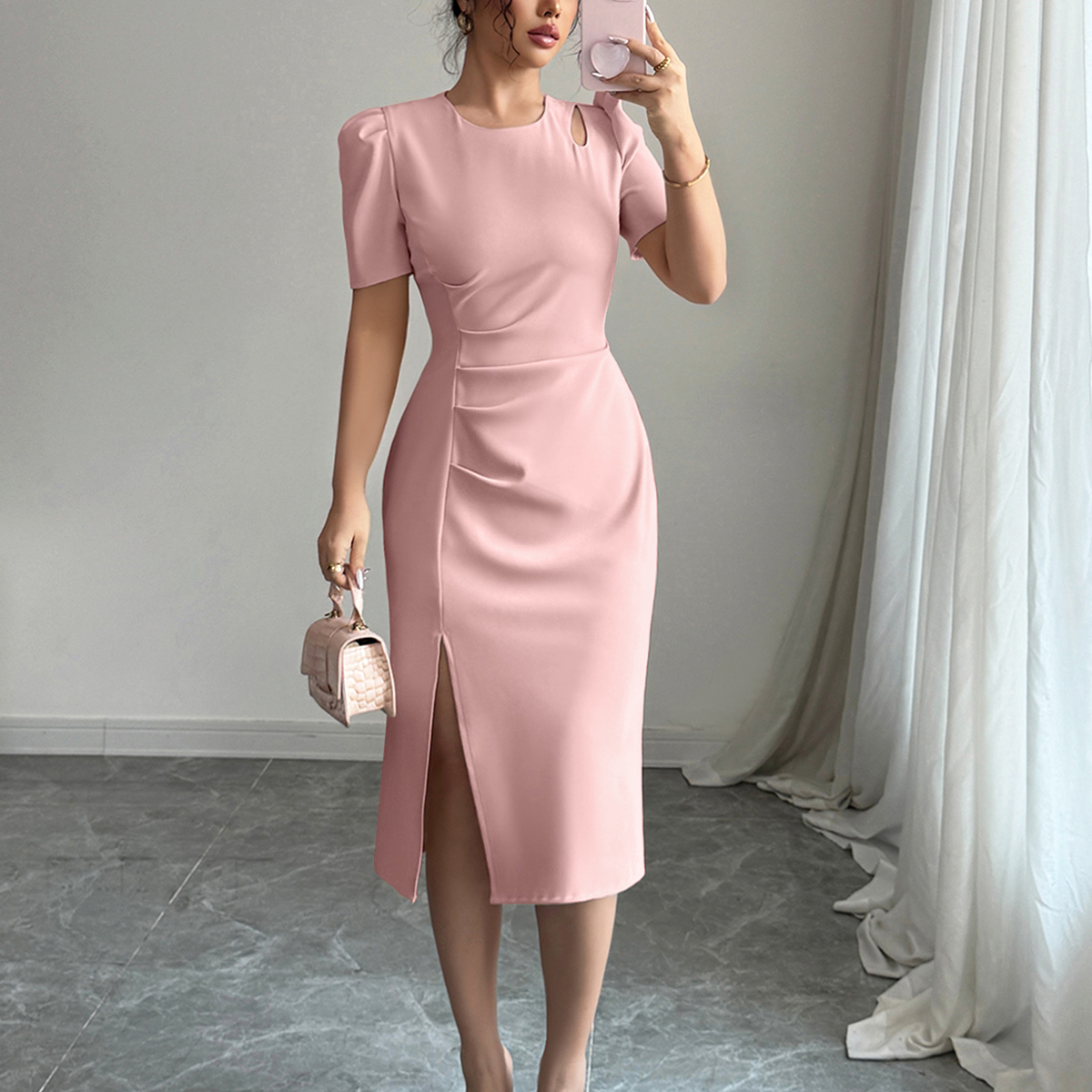 Women's Solid Color Round Neck Short Puff Sleeve Elegant Cutout Shoulder Dress