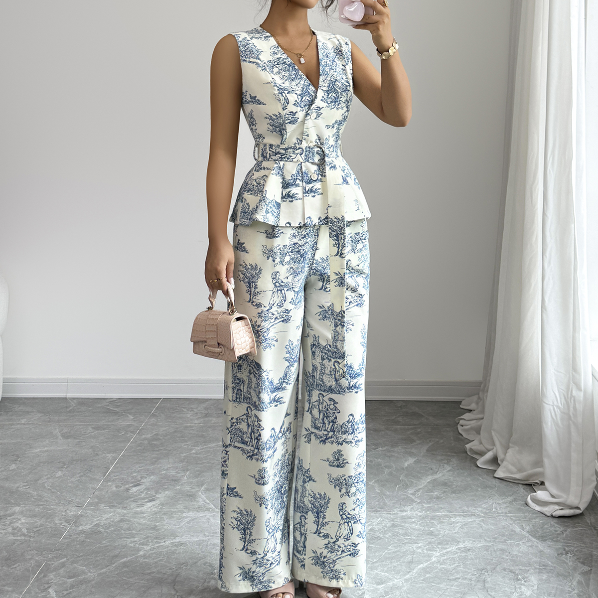 Women Elegant Full Print V-Neck Sleeveless D-Ring Belted Peplum Top & Loose Wide Leg