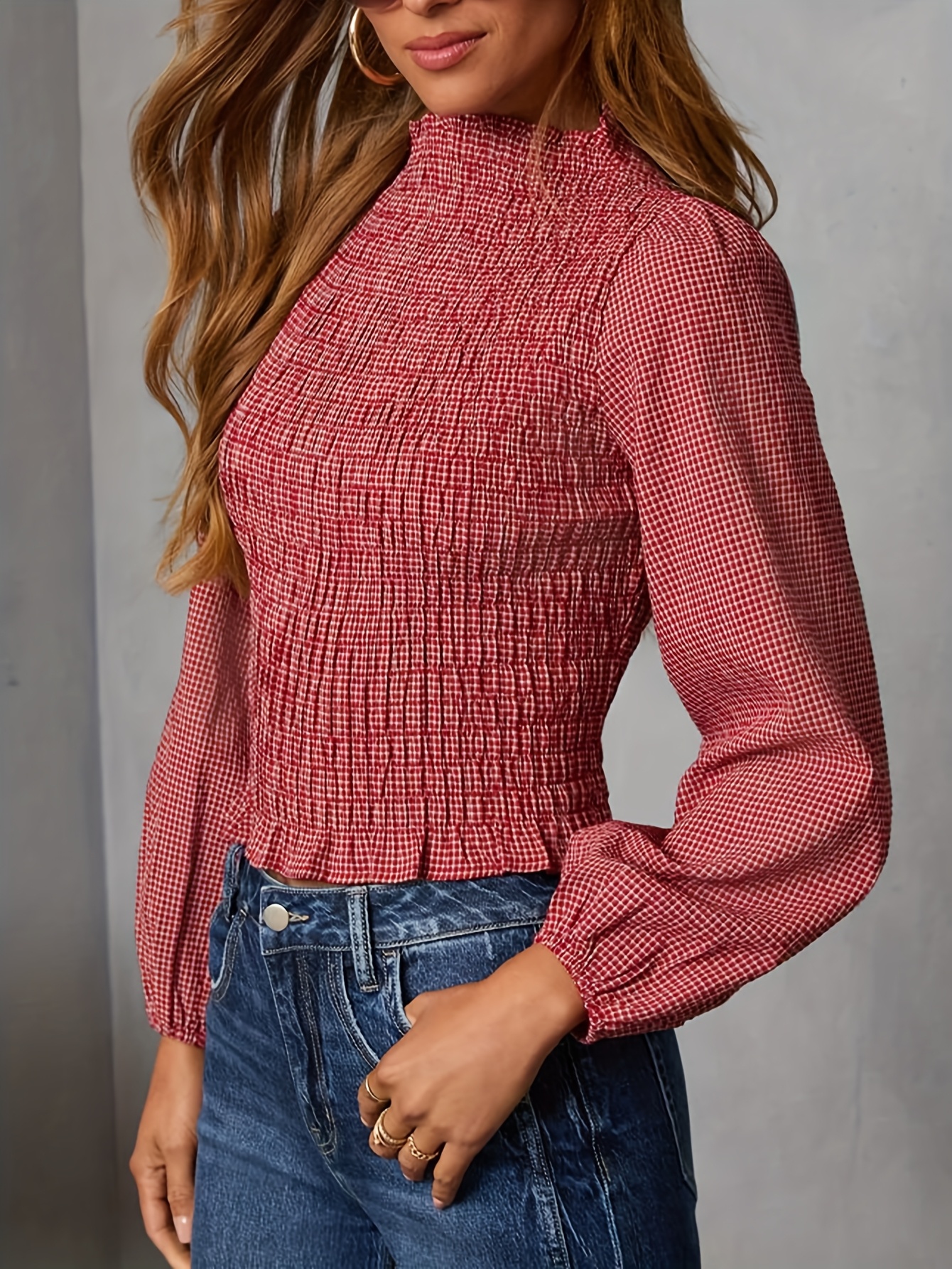 YJ143 Lady Checkered Slim Fit Long Sleeve Shirt