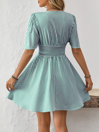 Women V-Neck Striped Short Sleeve Casual Mini Dress