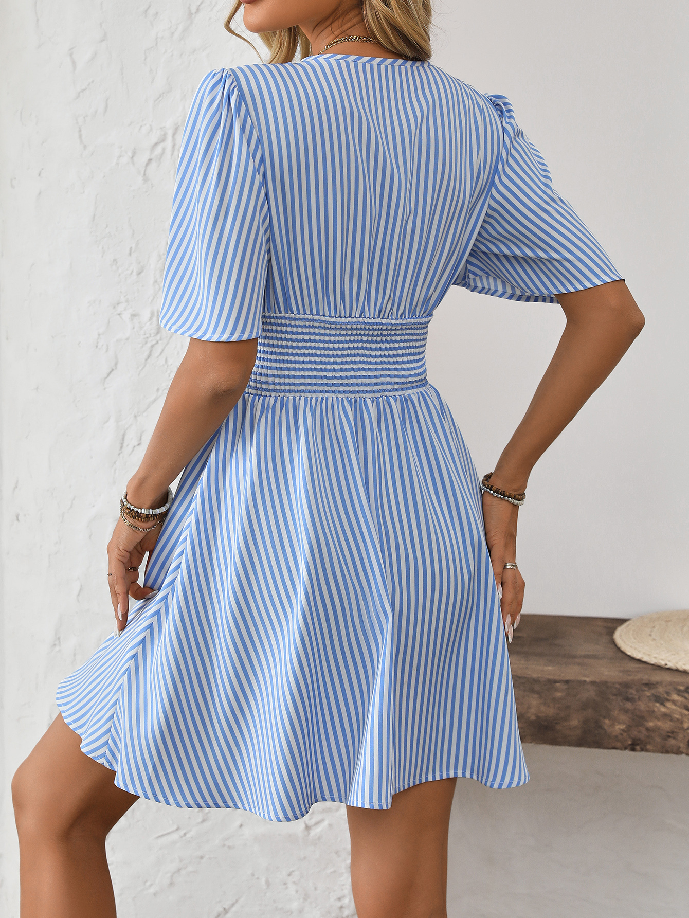 Women V-Neck Striped Short Sleeve Casual Mini Dress