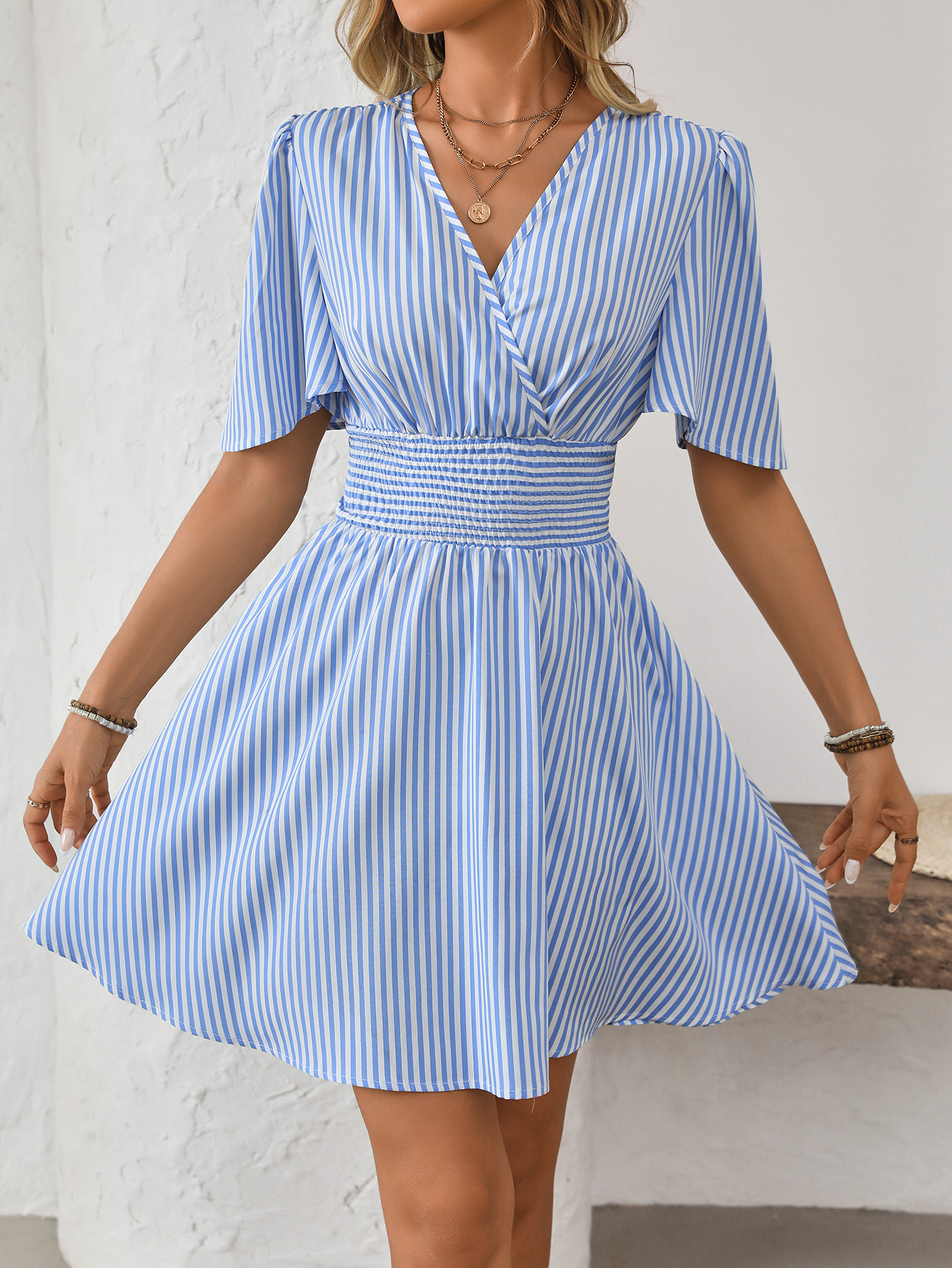 Women V-Neck Striped Short Sleeve Casual Mini Dress