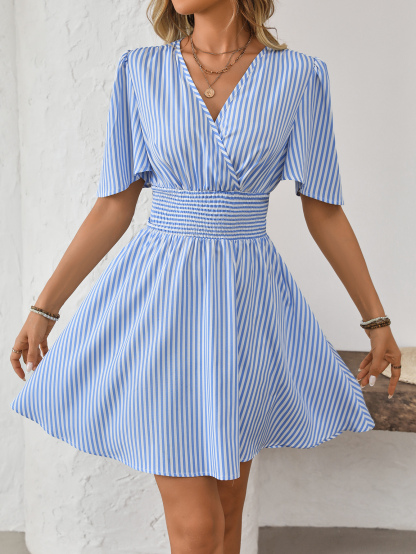 Women V-Neck Striped Short Sleeve Casual Mini Dress