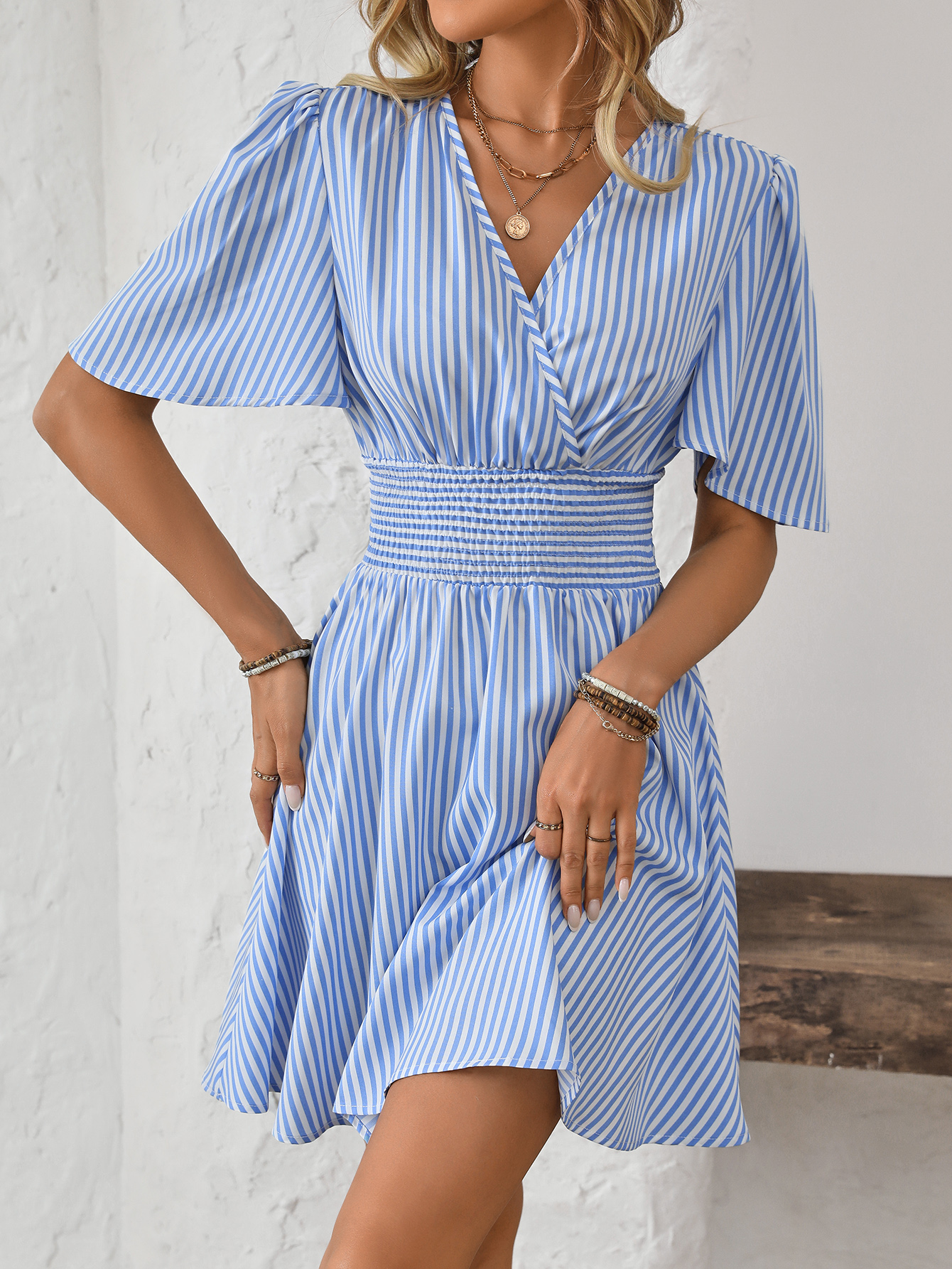 Women V-Neck Striped Short Sleeve Casual Mini Dress