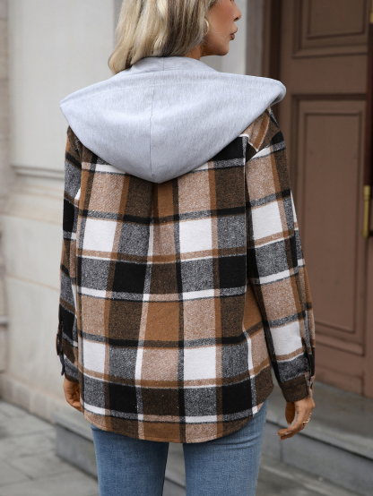 YJ092 Women's Checkered Long-sleeved Hooded Casual Shirt Jacket