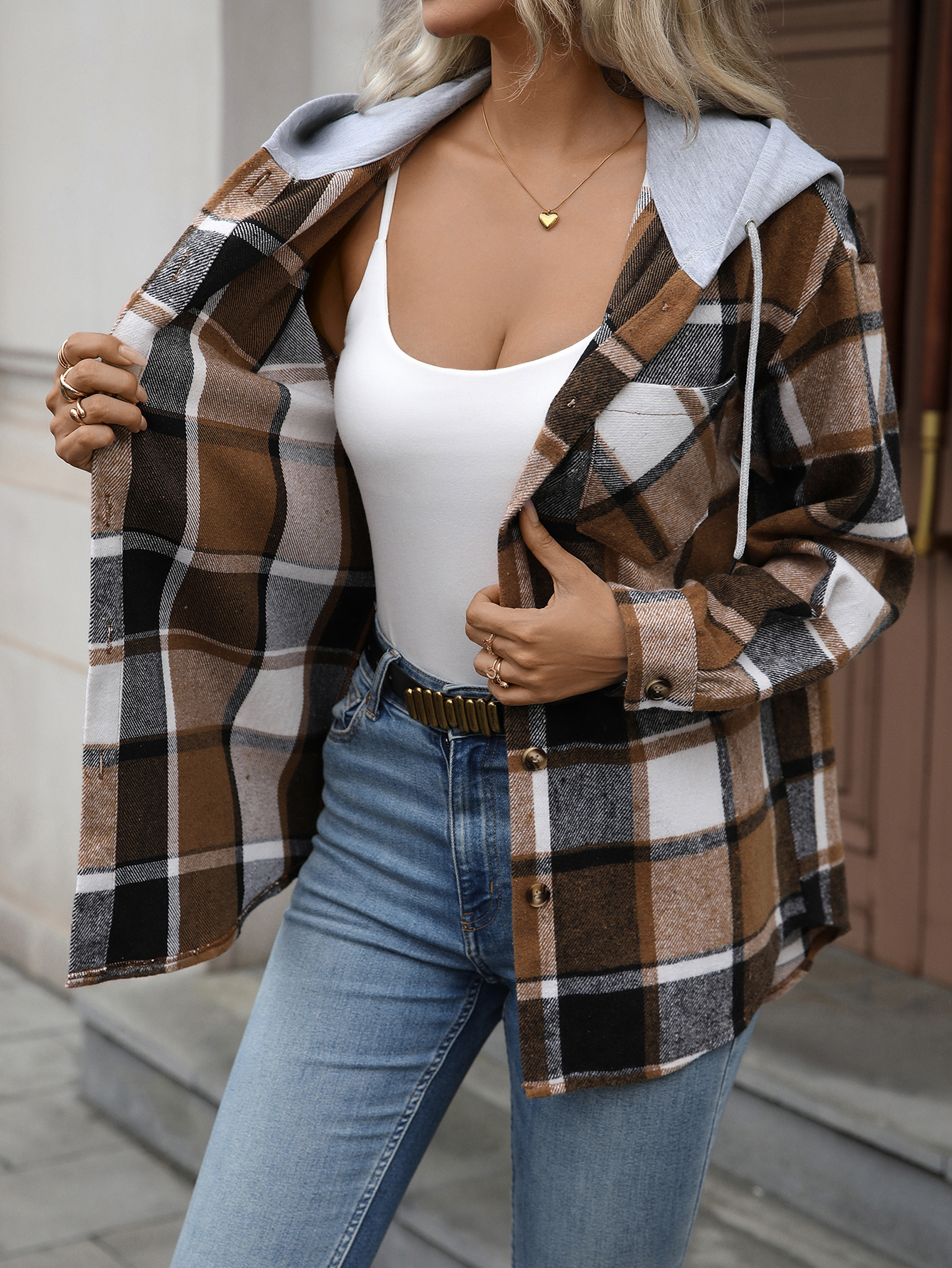 YJ092 Women's Checkered Long-sleeved Hooded Casual Shirt Jacket