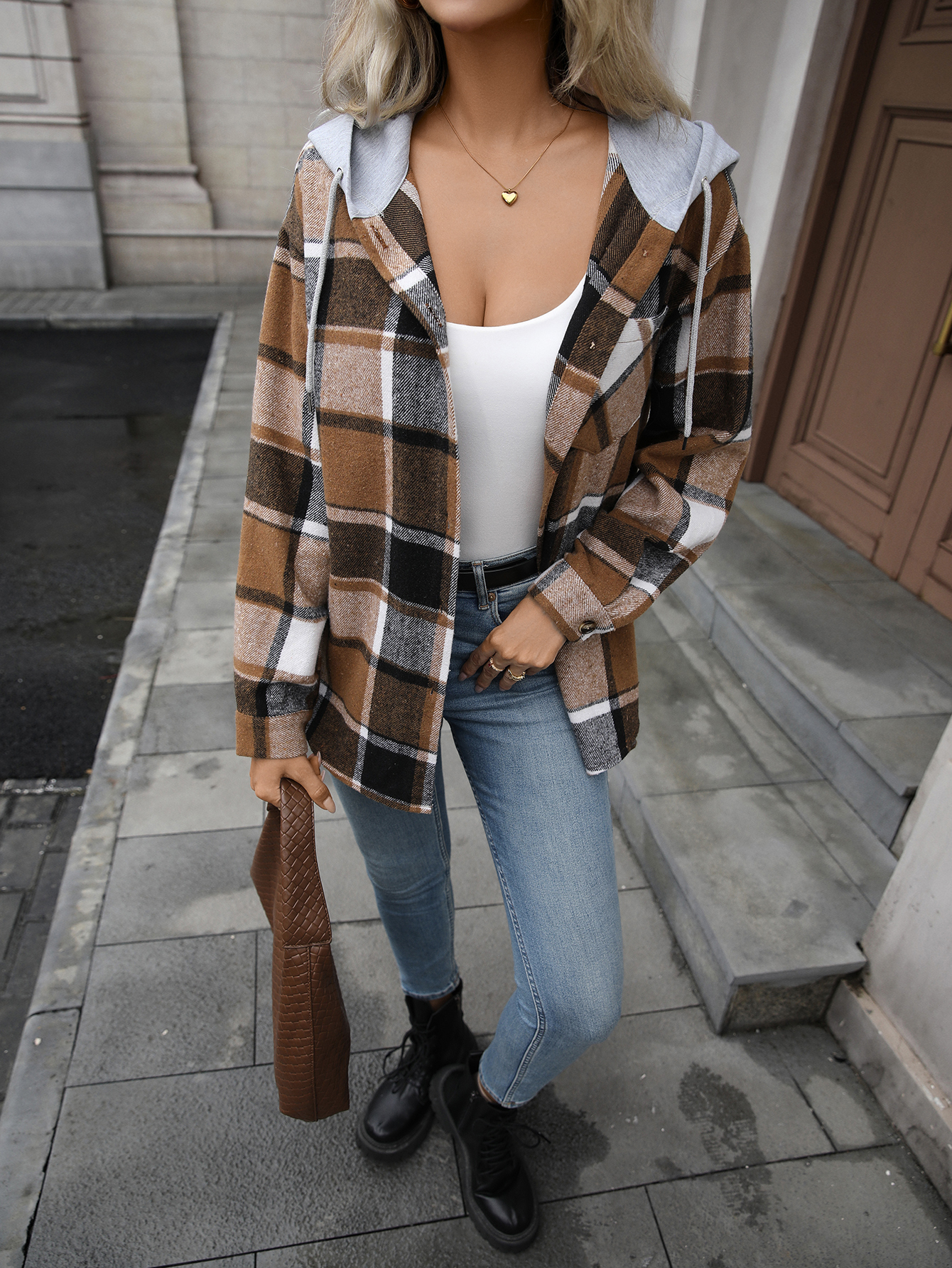 YJ092 Women's Checkered Long-sleeved Hooded Casual Shirt Jacket