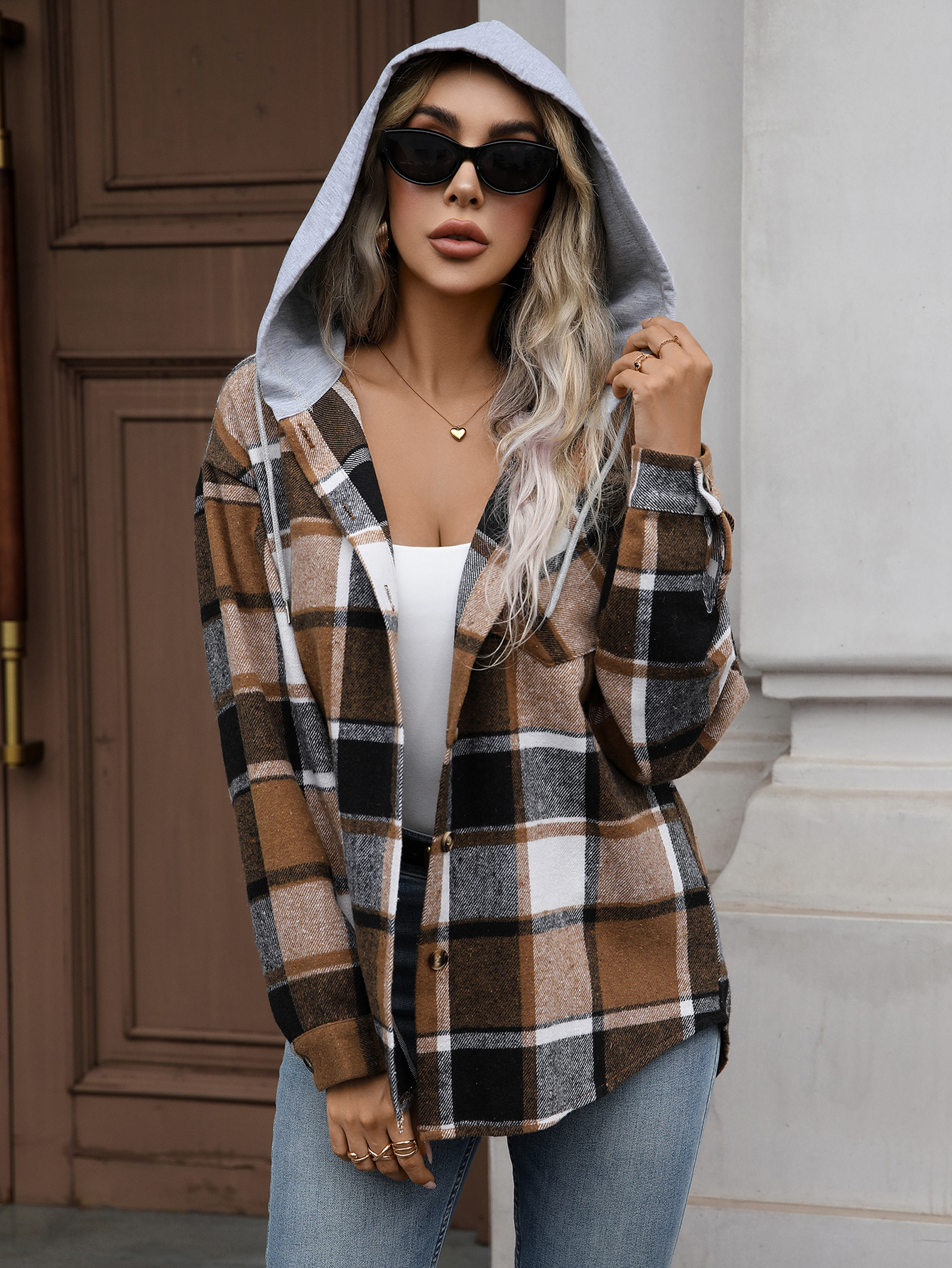 YJ092 Women's Checkered Long-sleeved Hooded Casual Shirt Jacket