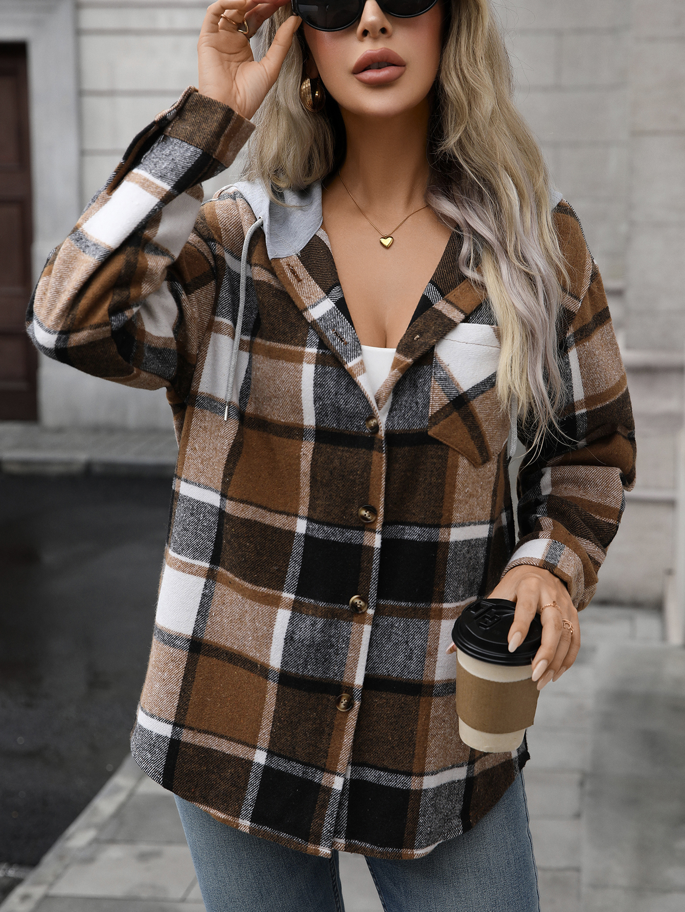 YJ092 Women's Checkered Long-sleeved Hooded Casual Shirt Jacket