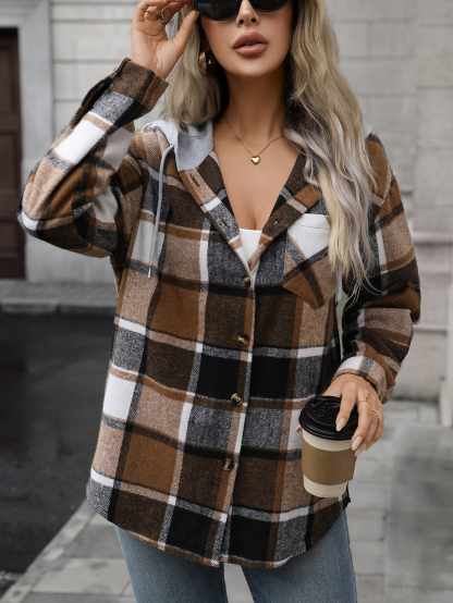 YJ092 Women's Checkered Long-sleeved Hooded Casual Shirt Jacket
