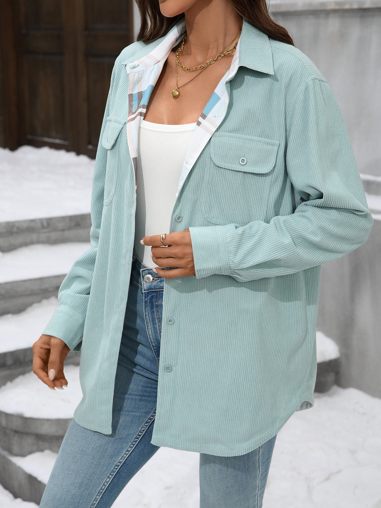 OA047 Women's Check Corduroy Double-sided Wearing Warm Leisure Shirt Jacket