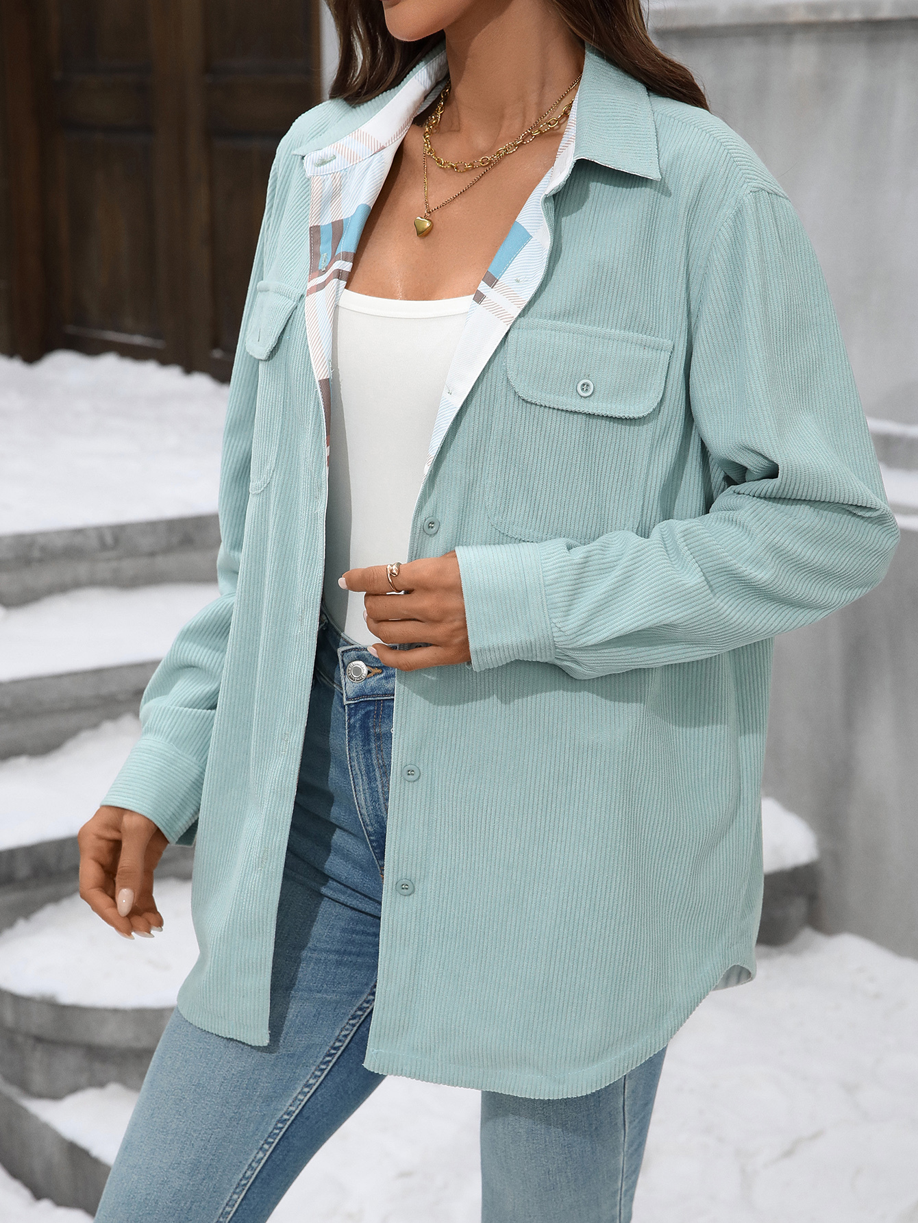 OA047 Women's Check Corduroy Double-sided Wearing Warm Leisure Shirt Jacket