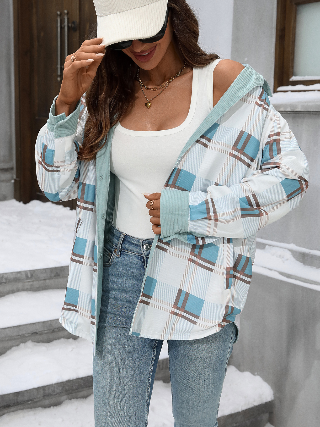 OA047 Women's Check Corduroy Double-sided Wearing Warm Leisure Shirt Jacket