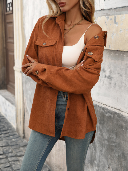 S1222 Women Juniors Shacket Corduroy Shirt Jacket Flap Pocket Button Front Corduroy Coat