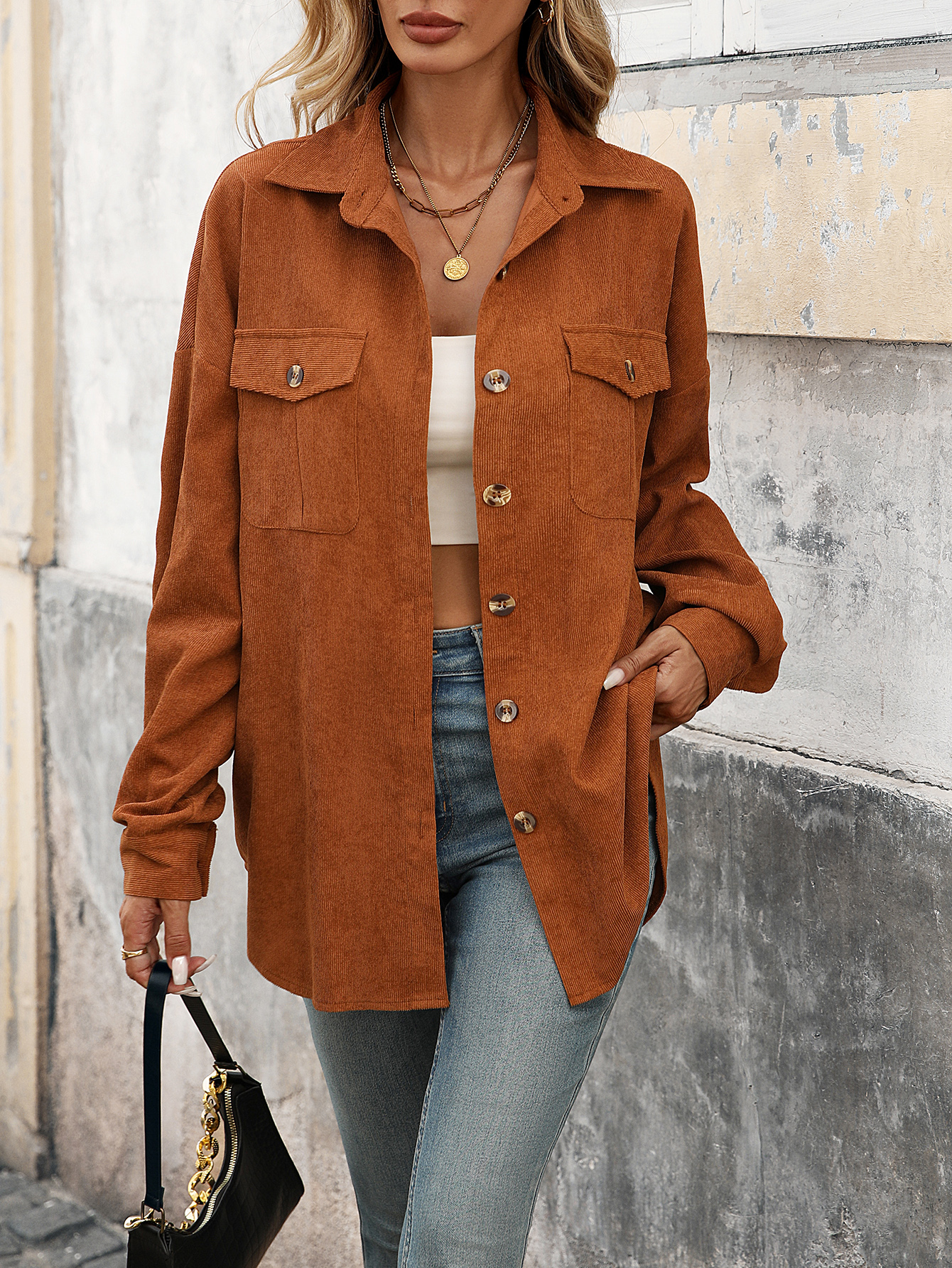 S1222 Women Juniors Shacket Corduroy Shirt Jacket Flap Pocket Button Front Corduroy Coat
