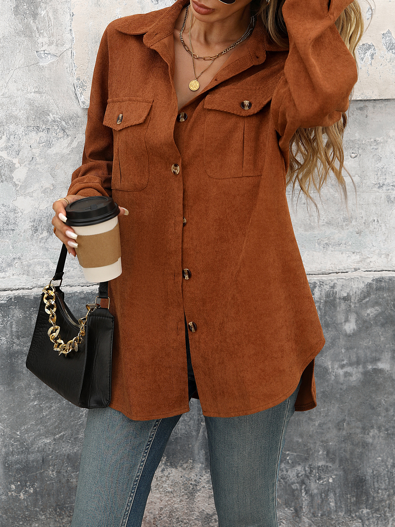 S1222 Women Juniors Shacket Corduroy Shirt Jacket Flap Pocket Button Front Corduroy Coat