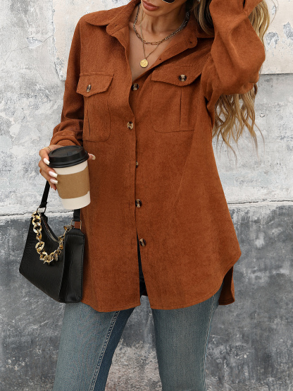 S1222 Women Juniors Shacket Corduroy Shirt Jacket Flap Pocket Button Front Corduroy Coat