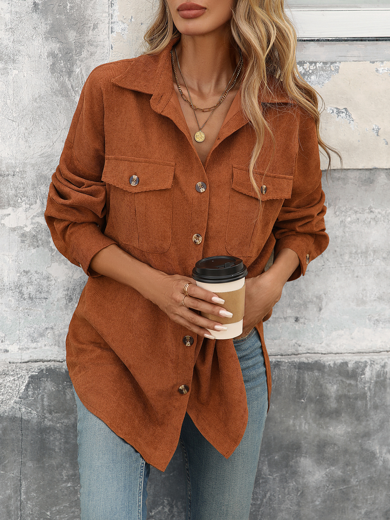 S1222 Women Juniors Shacket Corduroy Shirt Jacket Flap Pocket Button Front Corduroy Coat