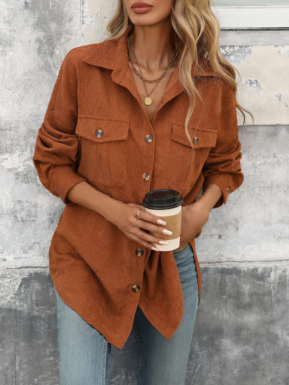 S1222 Women Juniors Shacket Corduroy Shirt Jacket Flap Pocket Button Front Corduroy Coat