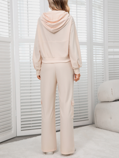 YJ083 Women's Flap Pocket Side Cargo Pants Leisure Hooded Sweatshirt Set(Can be customized printing)