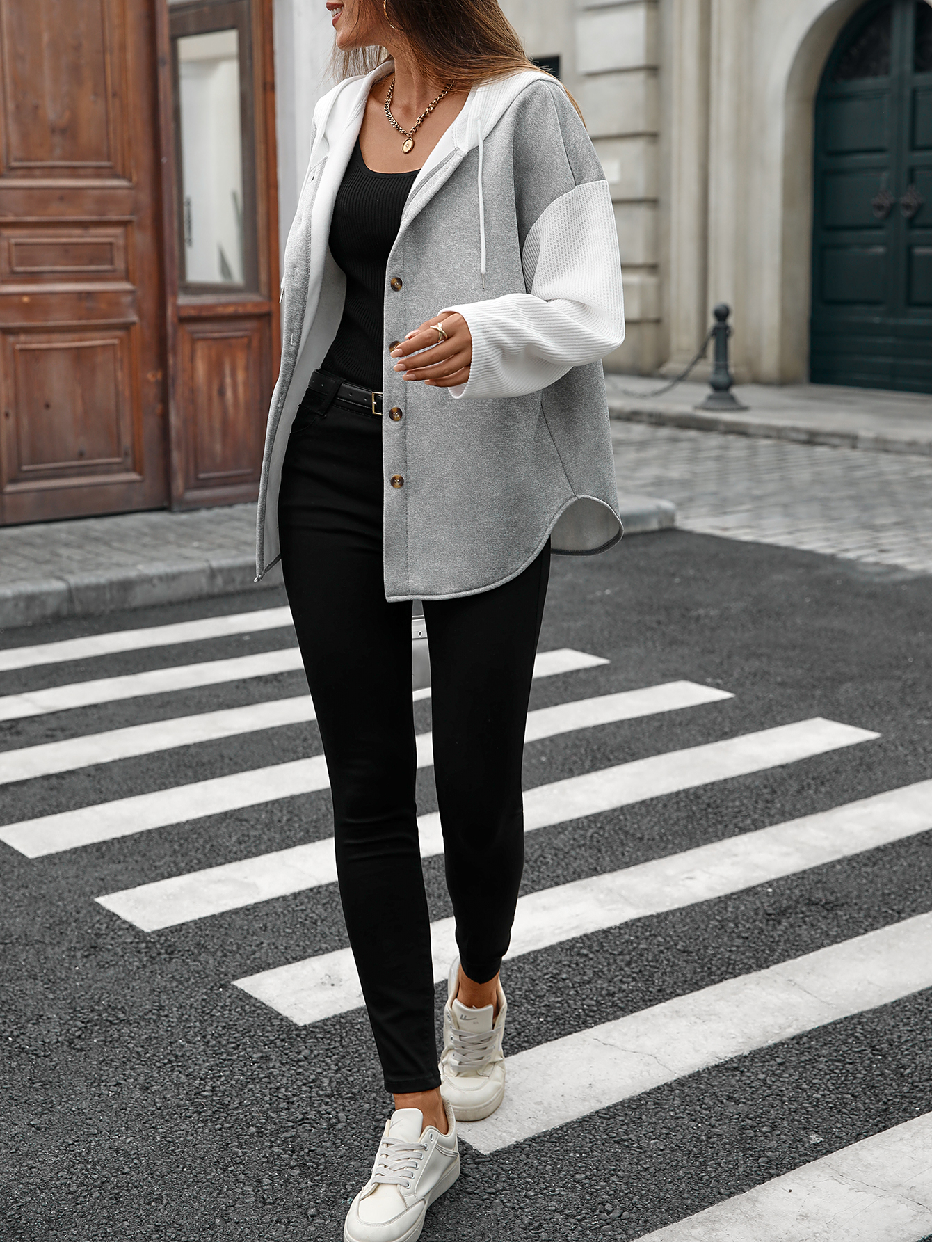 Chaqueta de otoño para mujer, casual, con capucha, holgada, de manga larga, con botones