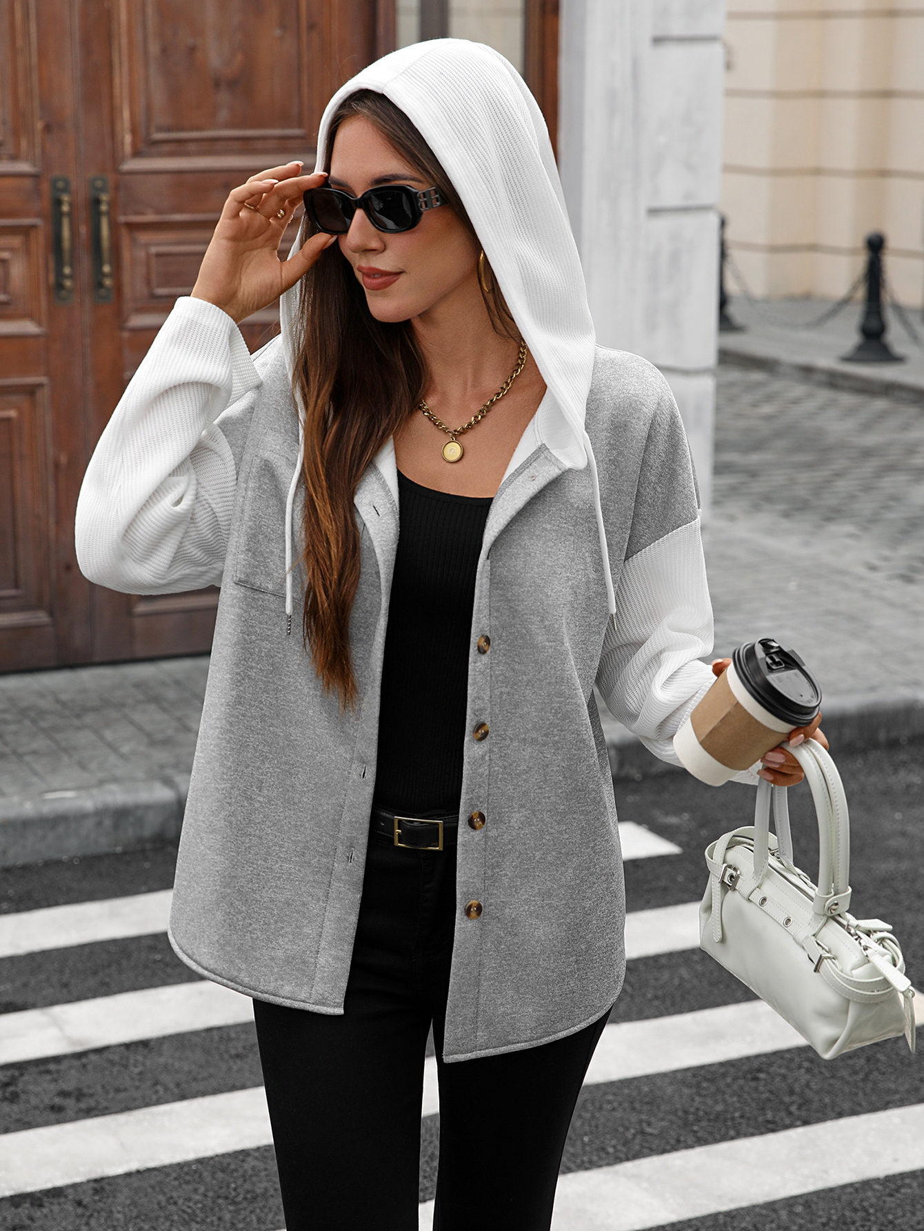 Chaqueta de otoño para mujer, casual, con capucha, holgada, de manga larga, con botones