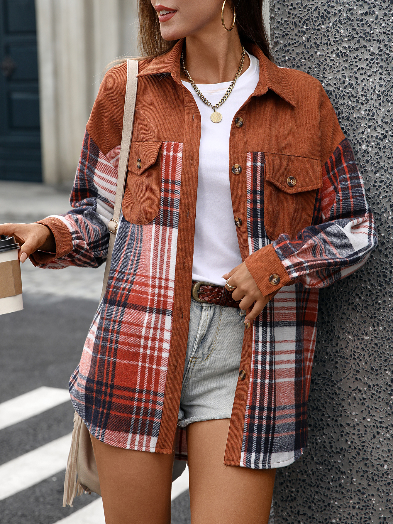 YJ090 Women's patchwork checkered collar shirt fashionable casual and versatile