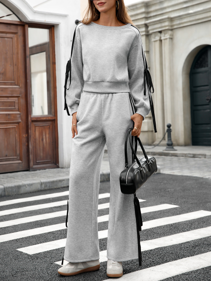 lgy45 Women's round neck sweatshirt casual sports pants ribbon decoration set