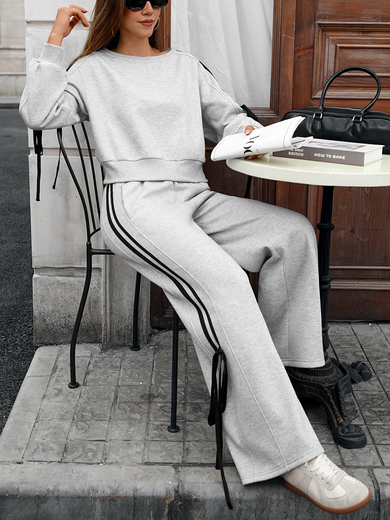 lgy45 Women's round neck sweatshirt casual sports pants ribbon decoration set