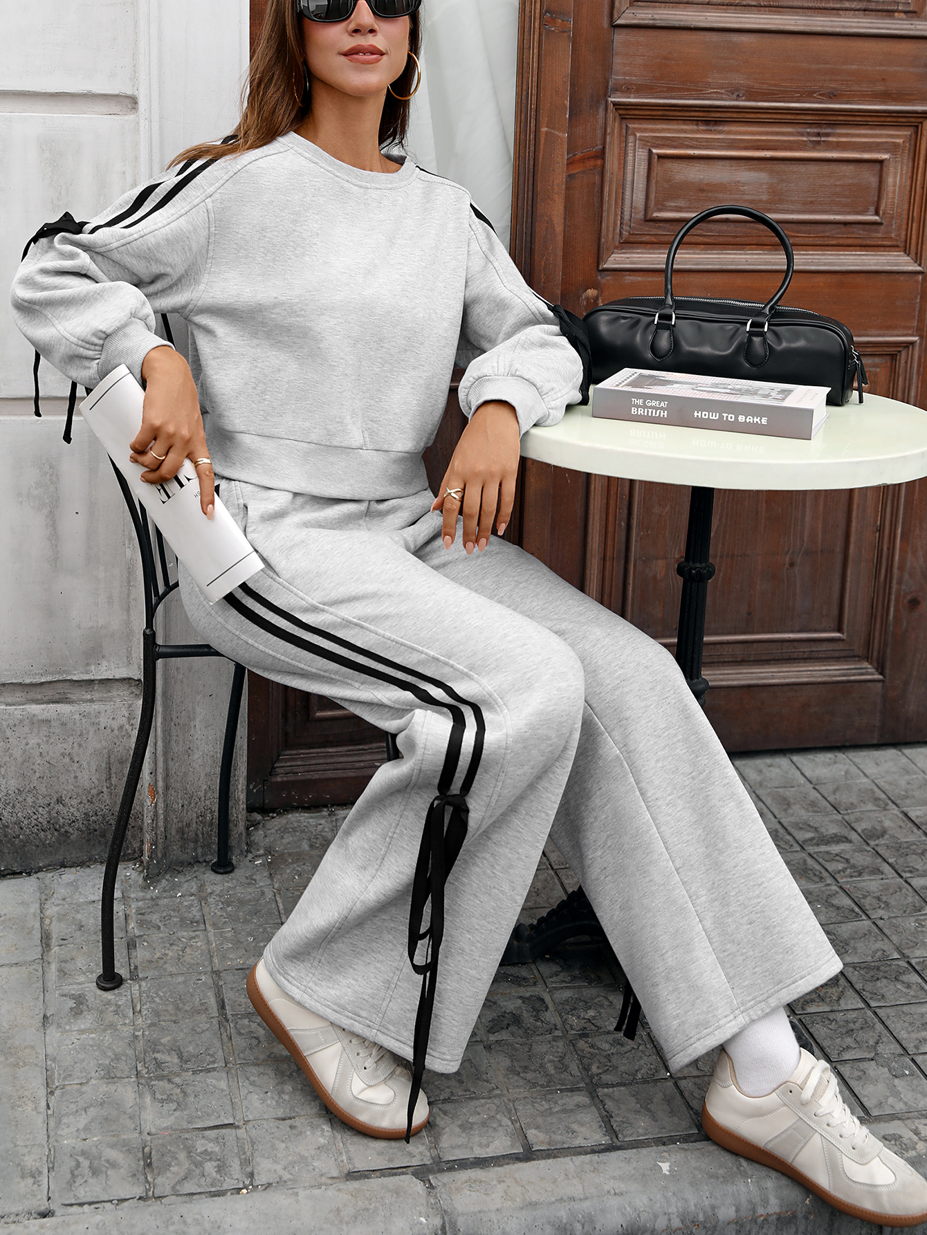 lgy45 Women's round neck sweatshirt casual sports pants ribbon decoration set