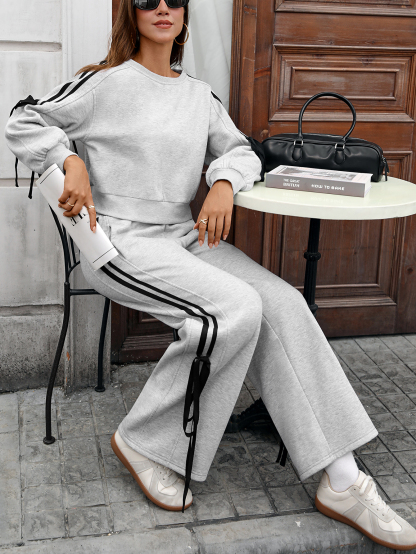 lgy45 Women's round neck sweatshirt casual sports pants ribbon decoration set