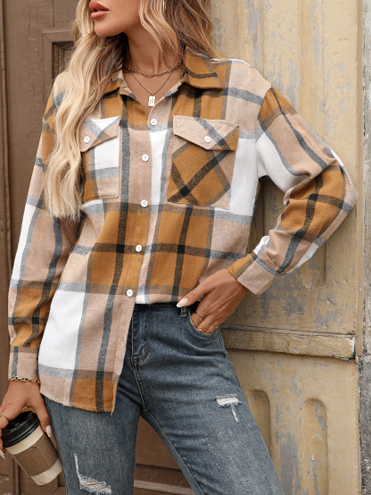 YJ100 Women's lapel plaid shirt casual and fashionable suitable for all 