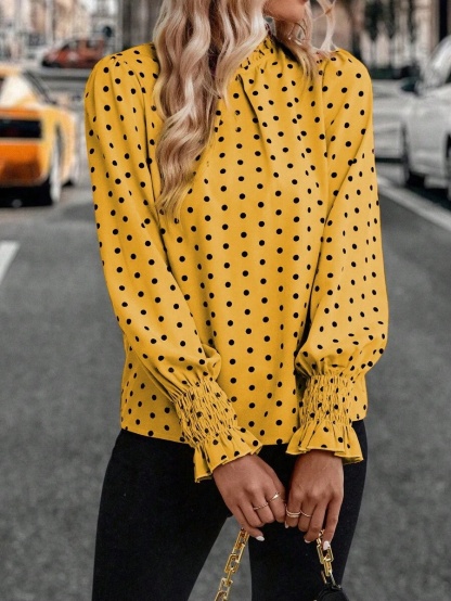 8675 Half Flare Sleeve Polka Dot Print Blouse,Ladies Casual,Elegant Frill,Knot,Shirred Long Sleeve Stand Collar Regular Fit Regular Yellow Flare Sleeve Top Women Blouses,Spring/Fall ,Casual Daily Wear