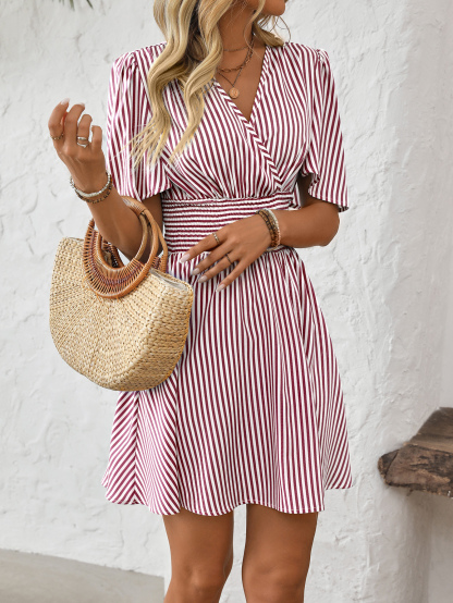 Women V-Neck Striped Short Sleeve Casual Mini Dress