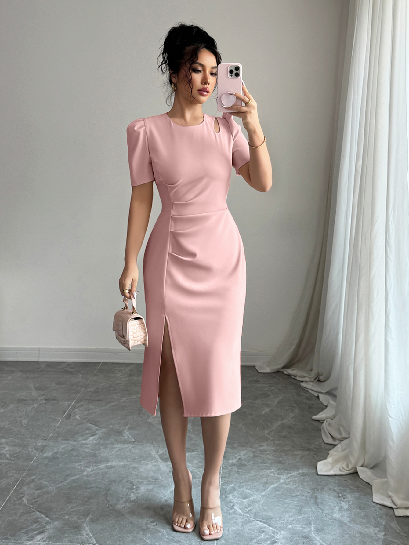 Women's Solid Color Round Neck Short Puff Sleeve Elegant Cutout Shoulder Dress