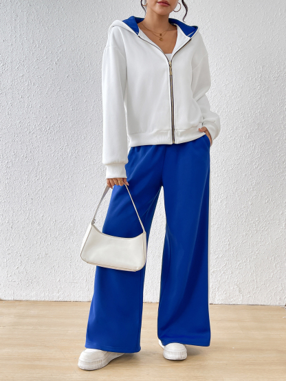 lgy42 Women's white hoodie and blue pants fashion suit Cardigan(Can be customized printing)