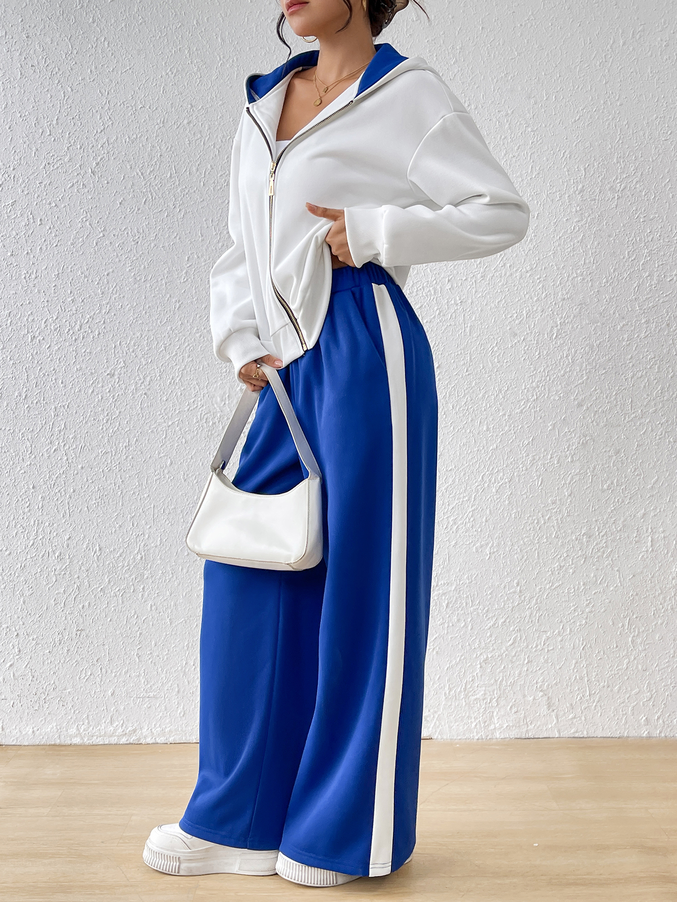 lgy42 Women's white hoodie and blue pants fashion suit Cardigan(Can be customized printing)