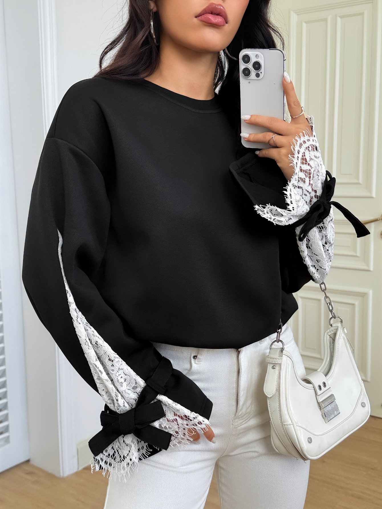 Women's Drop Shoulder Lace Trim Sleeve Sweatshirt