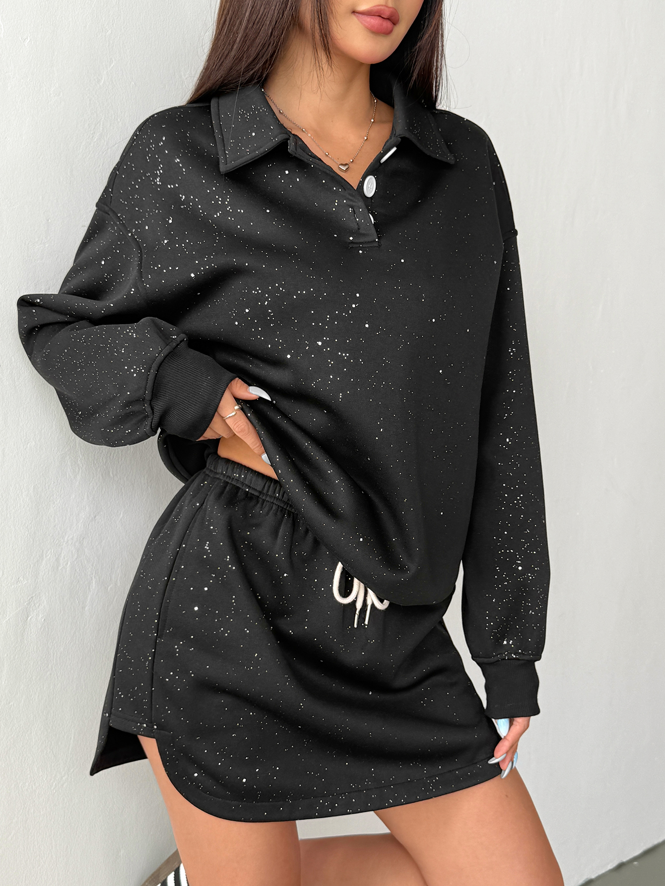 OA042 Women's Silver-Decorated Long-Sleeved Sweatshirt and Short Skirt Set