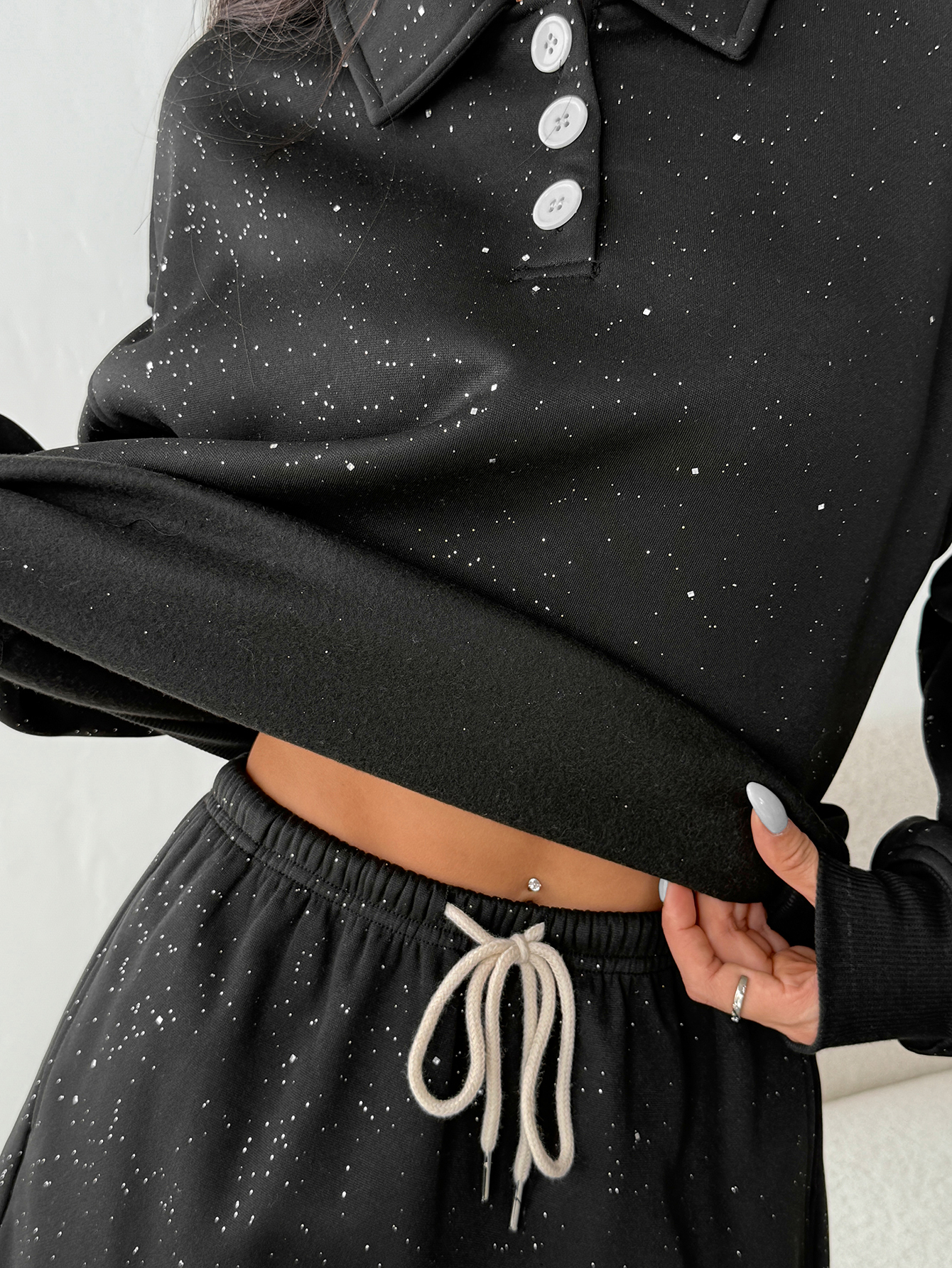 OA042 Women's Silver-Decorated Long-Sleeved Sweatshirt and Short Skirt Set