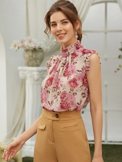s988 Floral Print Keyhole Back Sleeveless Blouse