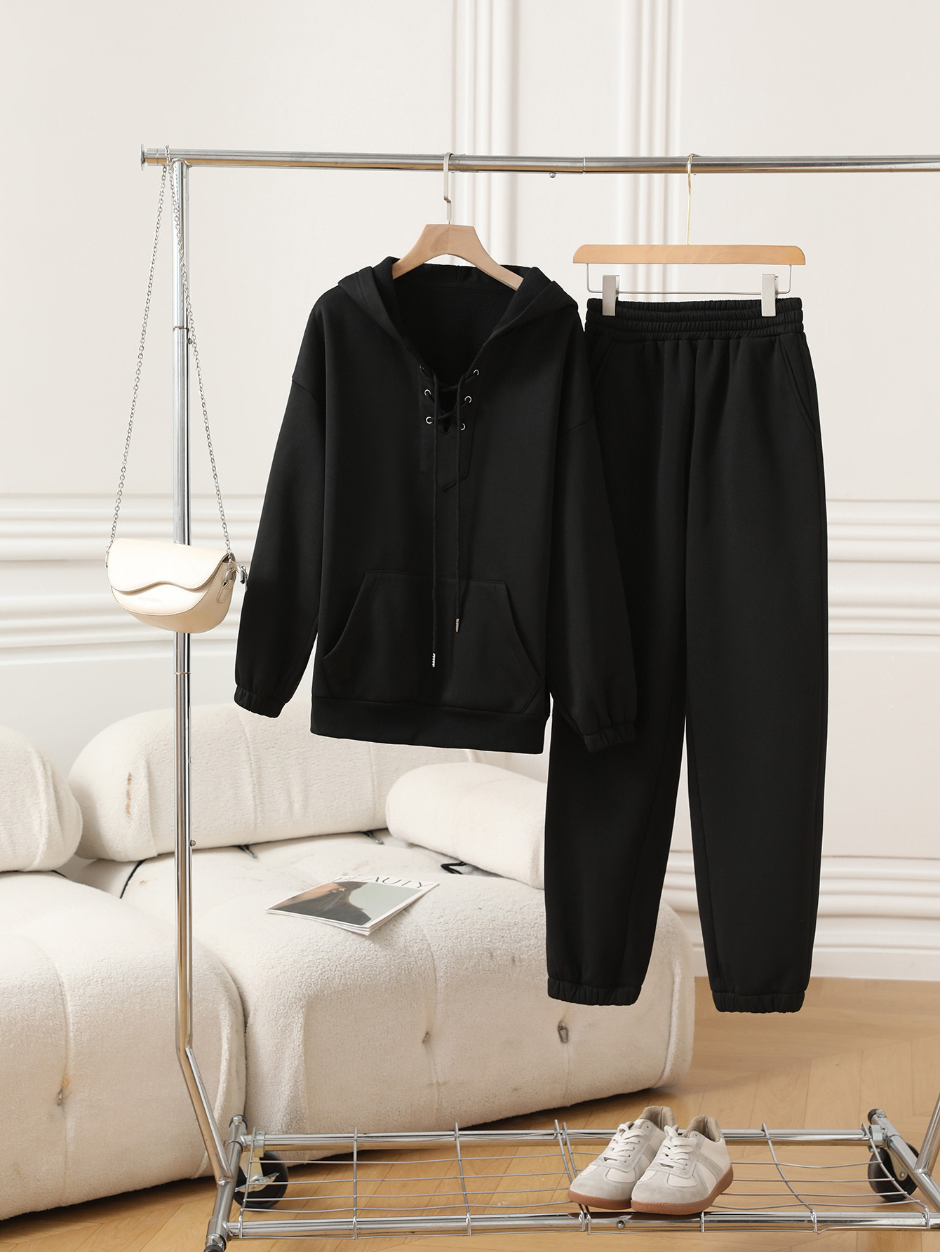 OA035 Women's V-neck drawstring hooded sweatshirt and pants set