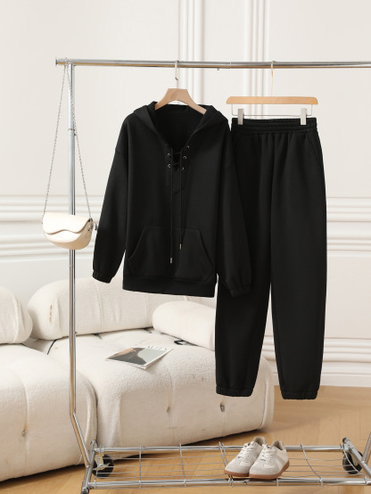 OA035 Women's V-neck drawstring hooded sweatshirt and pants set