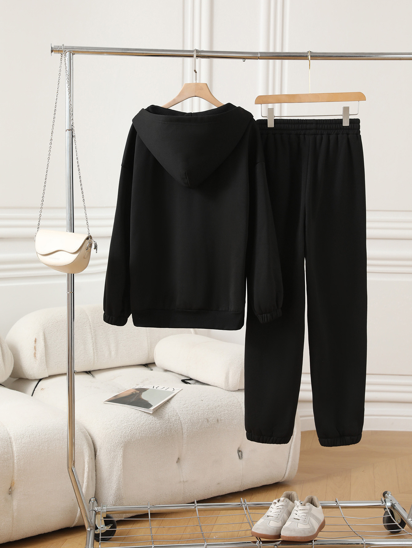 OA035 Women's V-neck drawstring hooded sweatshirt and pants set