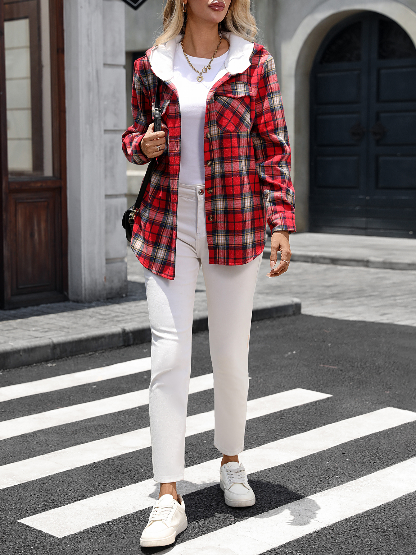 YJ087 Women's checkered hooded coat, versatile for autumn and winter